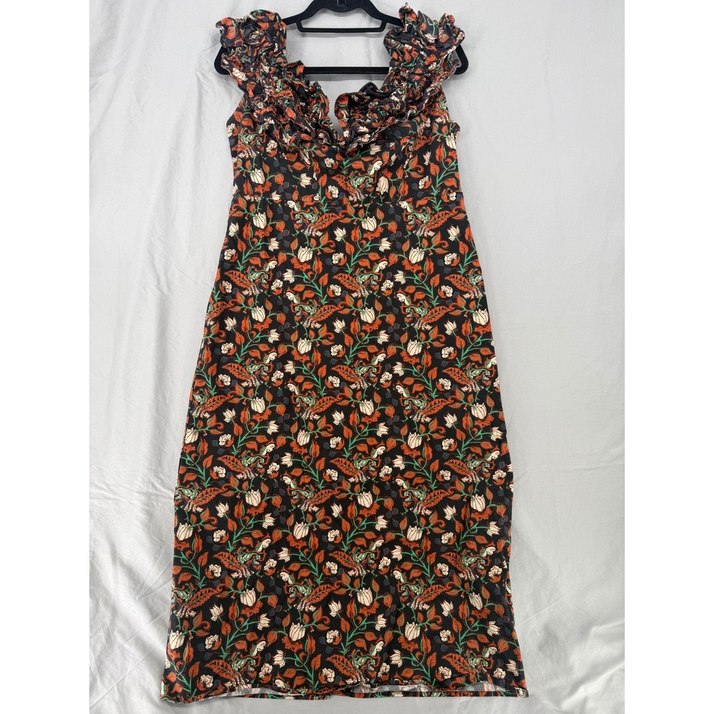 Let Me Be Anthropologie Floral Paisley Ruffle V-Neck Midi Dress XL Black Orange